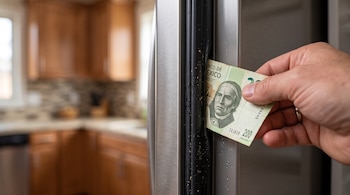 Una mano sostiene un billete de 200 pesos mexicanos insertado en la goma de la puerta de un refrigerador de acero inoxidable.