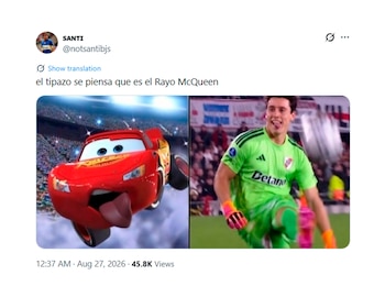 Captura de pantalla de una publicación en redes sociales que compara al personaje Rayo McQueen con un arquero con camiseta verde