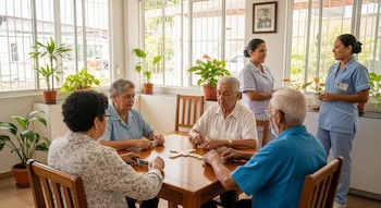 Una mesa con cuatro adultos mayores jugando dominó, dos enfermeras de pie conversando, plantas en macetas y ventanas al fondo en una sala de centro de atención.