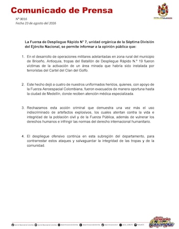 Una operación militar en Briceño, Antioquia, dejó cuatro soldados heridos por la activación de un campo minado - crédito @Ejercito_Div7 / X