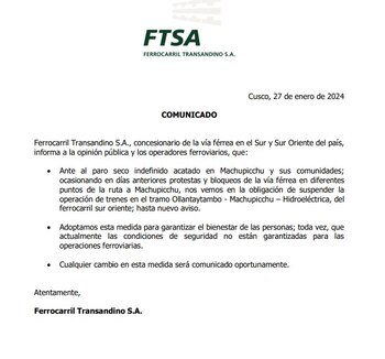 Comunicado de Ferrocarril Transandino S.A.