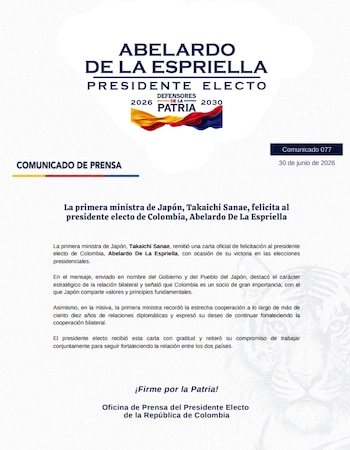 Takaichi Sanae recordó la estrecha cooperación a lo largo de más de ciento diez años de relaciones diplomáticas con Colombia y expresó su deseo de continuar fortaleciendo la cooperación bilateral - crédito prensa Abelardo de la Espriella