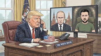 Ilustración de Donald Trump sentado en un escritorio en la Casa Blanca hablando por teléfono, con un pastel temático de la bandera de EE. UU. en su mesa. Una pantalla muestra a Putin y Zelensky.