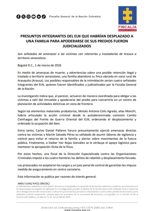 Alias Monchi habría dirigido la acción desde la autodenominada comisión Camilo Cienfuegos del Frente de Guerra Oriental del ELN - crédito Fiscalía