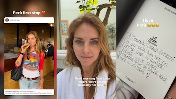 Tres fotografías de Chiara Ferragni en Perú. Una la muestra comiendo, otra es una selfie y la tercera un mensaje manuscrito del restaurante La Mar