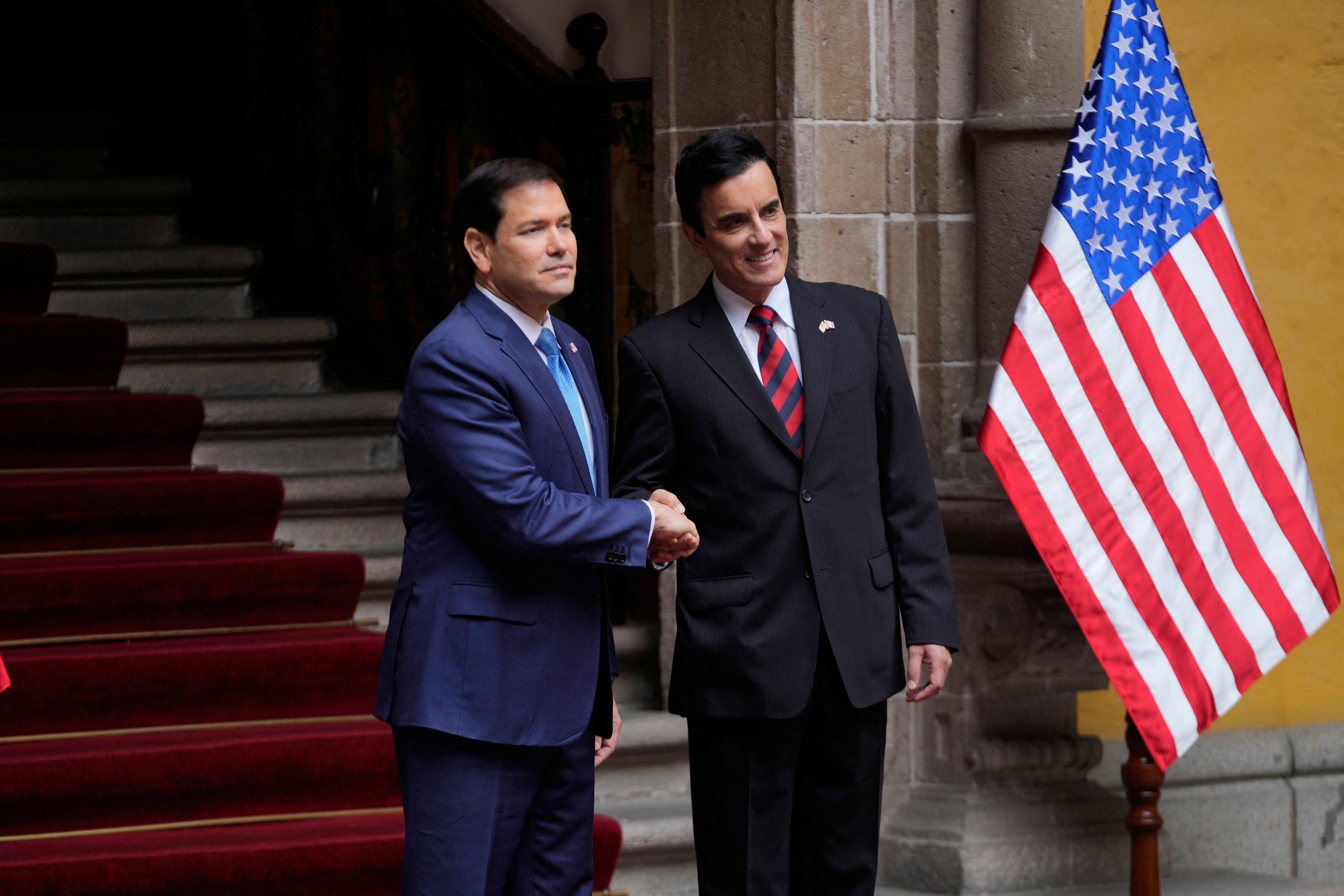 U.S. Secretary of State Marco Rubio, left, shakes hands with Peruvian Foreign Minister Carlos Espa in Lima Peru, Thursday, Sept. 10, 2026. Martin Mejia/Pool via REUTERS