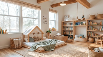 Una habitación infantil luminosa con una cama de suelo con estructura de casita, sábanas blancas, manta verde, y peluches. Hay grandes ventanas y estanterías de madera.