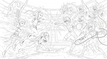 Dibujo en blanco y negro de tres jóvenes luchadoras frente a cinco personajes masculinos con armaduras en una arena circular