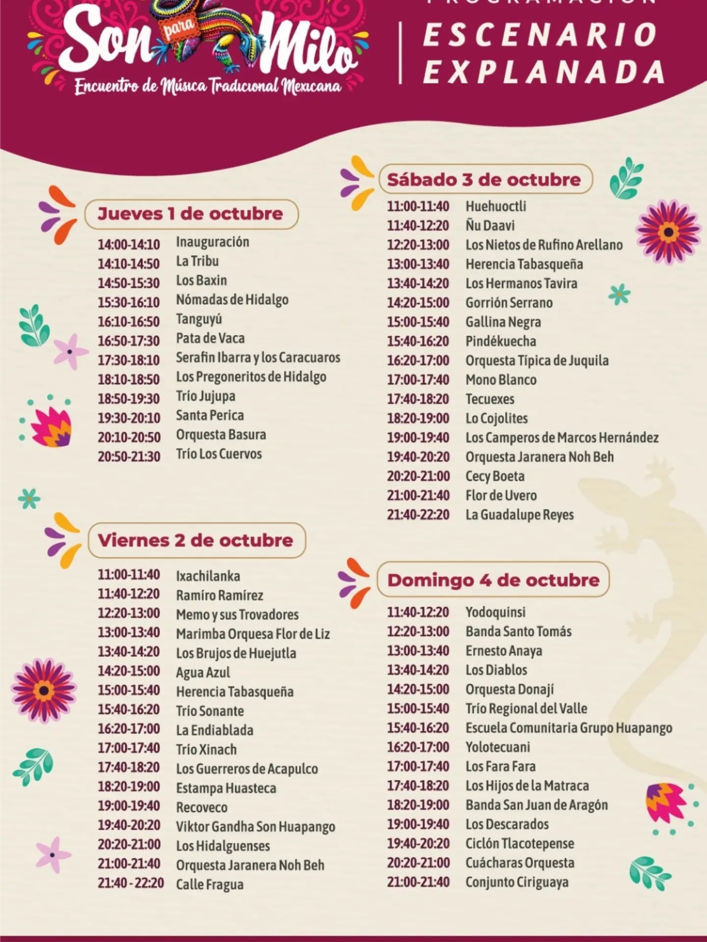 El cartel detalla la programación musical del encuentro Son para Milo, celebrado del 1 al 4 de octubre en la explanada de la Alcaldía Azcapotzalco. (Alcaldía Azcapotzalco)