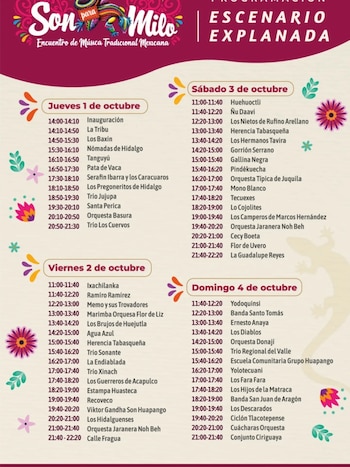 Cartel del encuentro Son para Milo con la programación de presentaciones musicales dividida del jueves 1 al domingo 4 de octubre