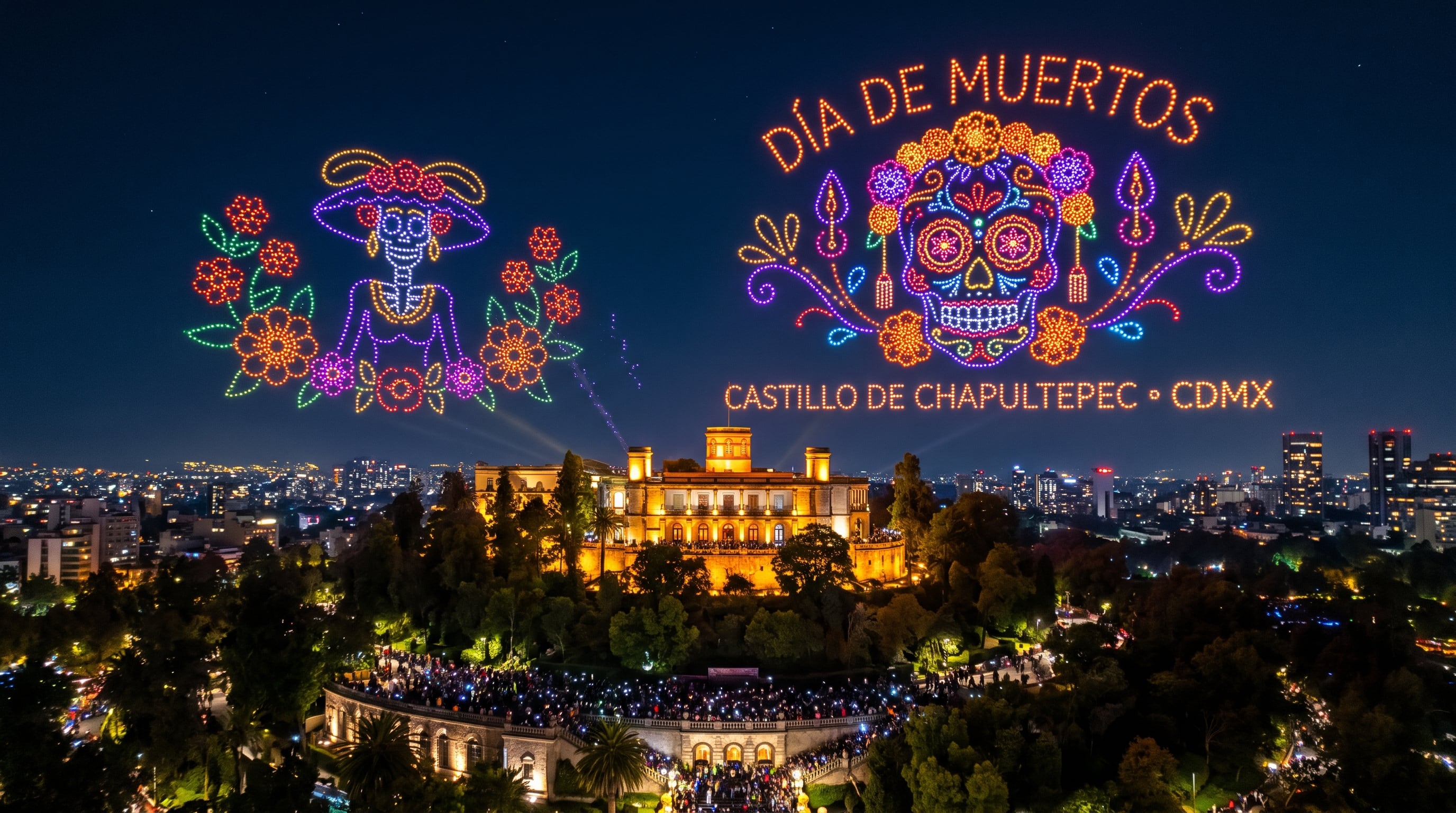 Horarios para ver el show de drones de Día de Muertos en el Bosque de Chapultepec y los mejores puntos para apreciarlo