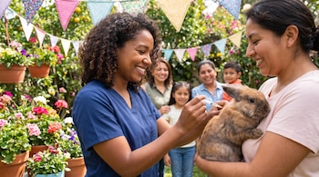 Una veterinaria con filipina azul aplica una inyección a un conejo café que sostiene una mujer en un jardín con plantas y banderines.