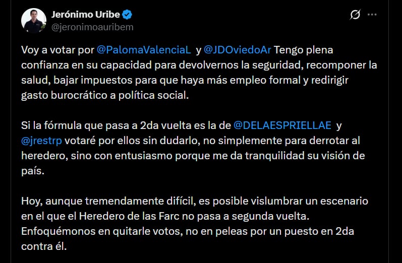 Jerónimo Uribe, hijo menor del expresidente Álvaro Uribe, afirmó que deben concentrarse en “quitarle votos” al “heredero de las Farc” - crédito @jeronimoauribem/X