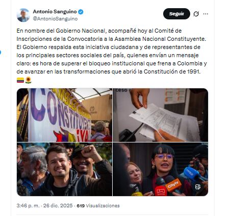 El ministro Antonio Sanguino respaldó la inscripción del comité promotor de la asamblea constituyente - crédito @AntonioSanguino/X