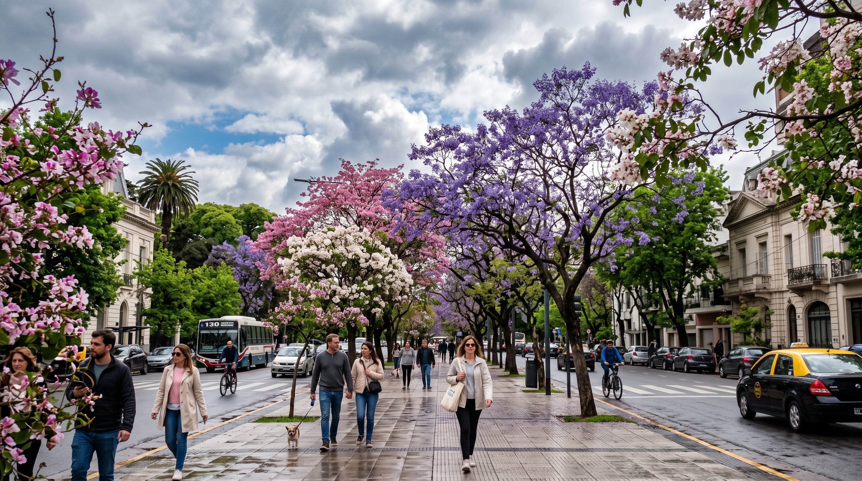 Peatones transitan por una avenida del Área Metropolitana de Buenos Aires arbolada con jacarandás y lapachos en flor durante un día de cielo nublado. (Imagen Ilustrativa Infobae)