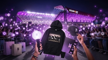 Manos sostienen lightstick, sudadera con foto de BTS, gorra y álbum morado, con Estadio GNP Seguros iluminado de púrpura y bolsas BTS de fondo borroso.