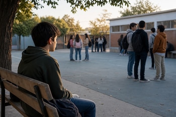 Un joven sentado en un banco de madera en un patio escolar observa a varios grupos de estudiantes reunidos al fondo.