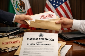 Dos manos intercambian documentos con sello "EVIDENCIA" sobre un escritorio. Se ve una "ORDEN DE EXTRADICIÓN" para Rubén Rocha Moya, un sobre "CONFIDENCIAL" y banderas de México y Estados Unidos.