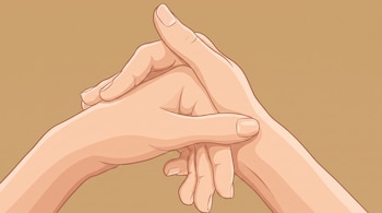 Ilustración digital de dos manos de piel clara con uñas visibles, una sobre la otra, sobre un fondo liso de color ocre.