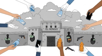 Ilustración plana del penal El Hongo, una fortaleza gris con alambre de púas y nubes. Manos de distintos tonos de piel pasan drogas, celulares, alcohol y armas. Siluetas de custodios con dinero y llaves.