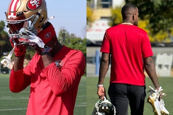 Fotografía compuesta de un hombre con camiseta roja y casco de los San Francisco 49ers en un campo deportivo