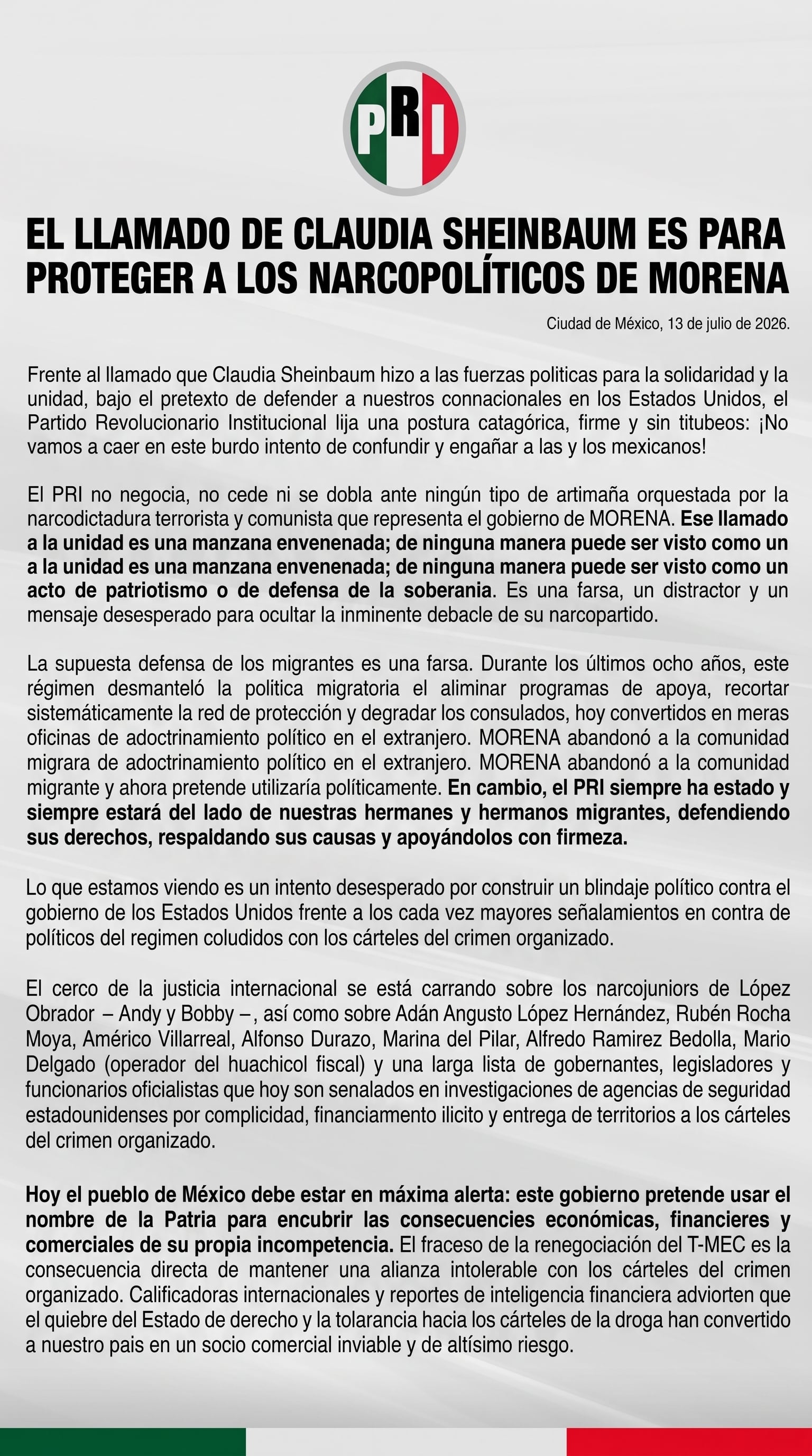 Comunicado Oficial del PRI.