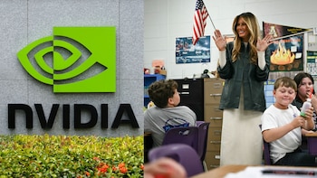 A la izquierda, el logotipo de Nvidia sobre una pared con plantas; a la derecha, Melania Trump en un aula escolar frente a varios niños
