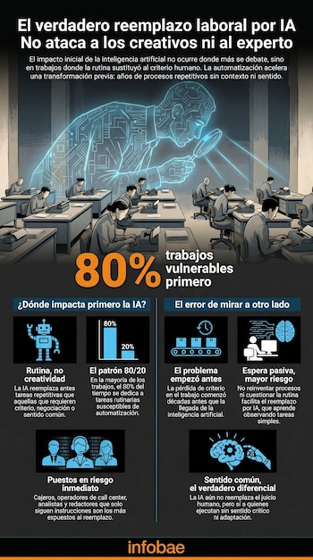 Ilustración de personas trabajando en una oficina con máquinas de escribir, sobre las cuales flota una figura digital de IA con lupa y circuitos.