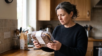 Una mujer sostiene y observa un empaque plástico transparente de rosquillas de chocolate en una cocina.