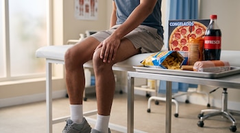 Persona sentada en una camilla clínica tocando su rodilla junto a una bandeja con pizza congelada, refresco y aperitivos.