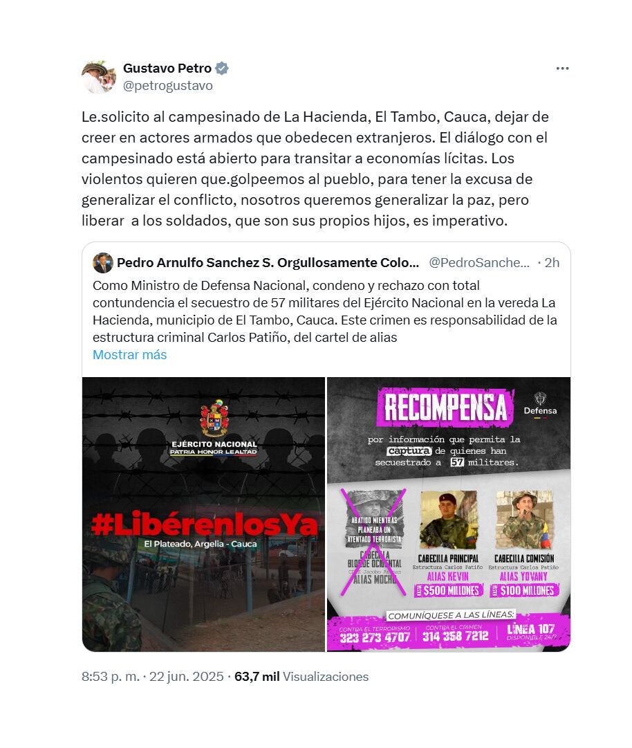 El presidente Gustavo Petro se refirió públicamente a la retención de 57 militares en la vereda La Hacienda, en el municipio de El Tambo, Cauca, a través de un mensaje difundido en su cuenta de X - Crédito @petrogustavo / X