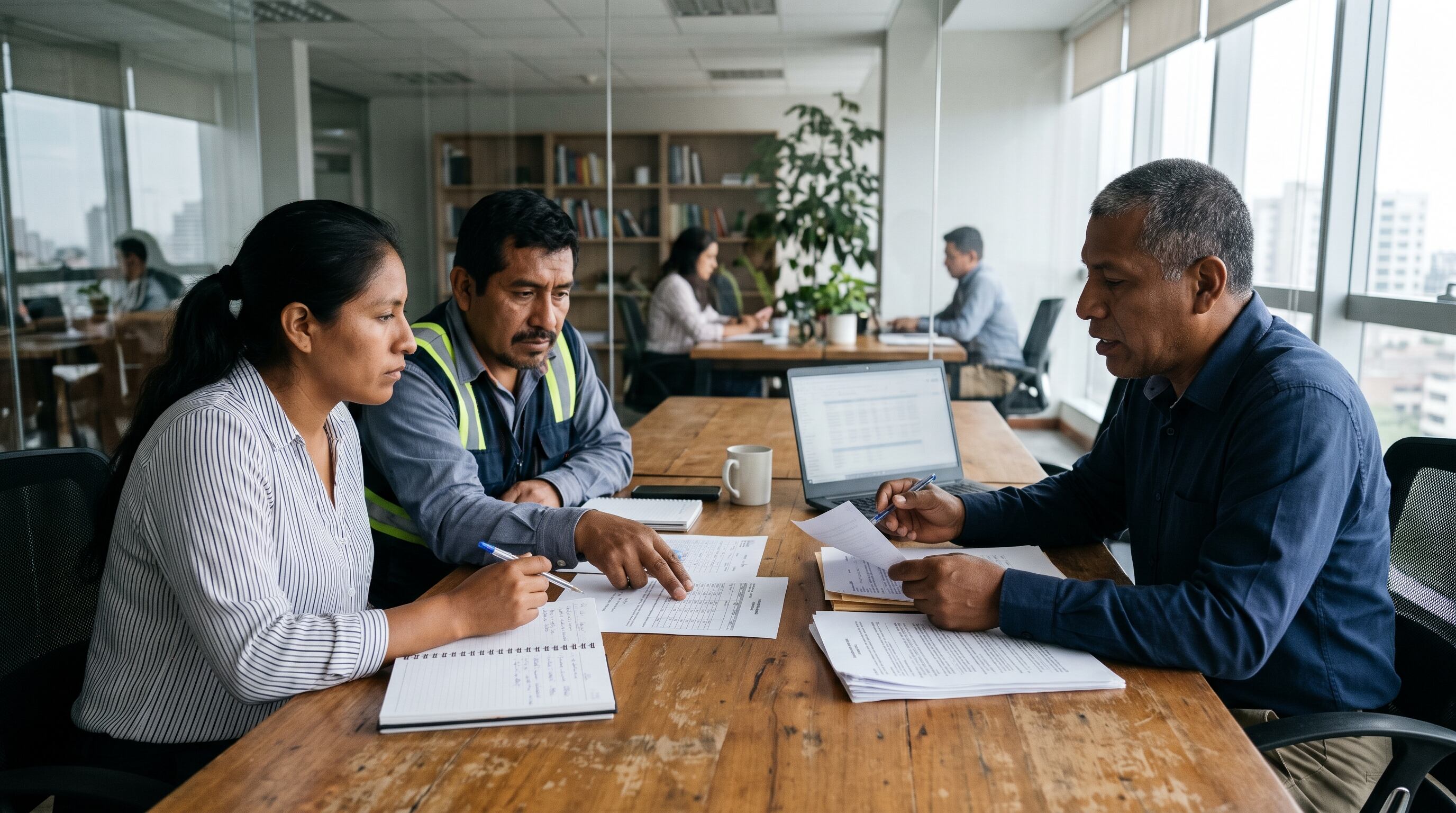 Trabajadores y un empleador revisan documentos en una oficina para coordinar la aplicación de jornadas no laborables compensables en Perú. (Imagen Ilustrativa Infobae)