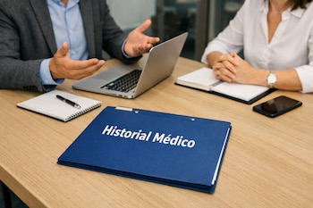 Una mesa de madera con un portátil, dos cuadernos, un bolígrafo, un teléfono móvil y una carpeta azul que dice "Historial Médico", con dos personas sentadas.