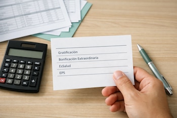 Mano sosteniendo un papel con las palabras Gratificación, Bonificación Extraordinaria, EsSalud y EPS. En el escritorio hay una calculadora, una lapicera y papeles.
