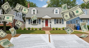 Documentos de impuestos sobre una mesa en primer plano, con billetes de dólar flotando alrededor de una casa blanca unifamiliar en un barrio residencial de Nueva York.