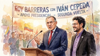 Pintura acuarela de Roy Barreras en un podio con micrófono e Iván Cepeda sonriendo a su derecha. Detrás, una pancarta que dice 'ROY BARRERAS con IVÁN CEPEDA'.