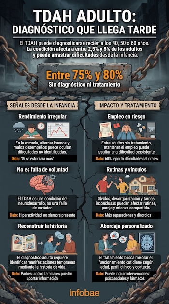 Infografía con texto, datos numéricos sobre el TDAH en adultos, ilustraciones explicativas y el logotipo de Infobae.