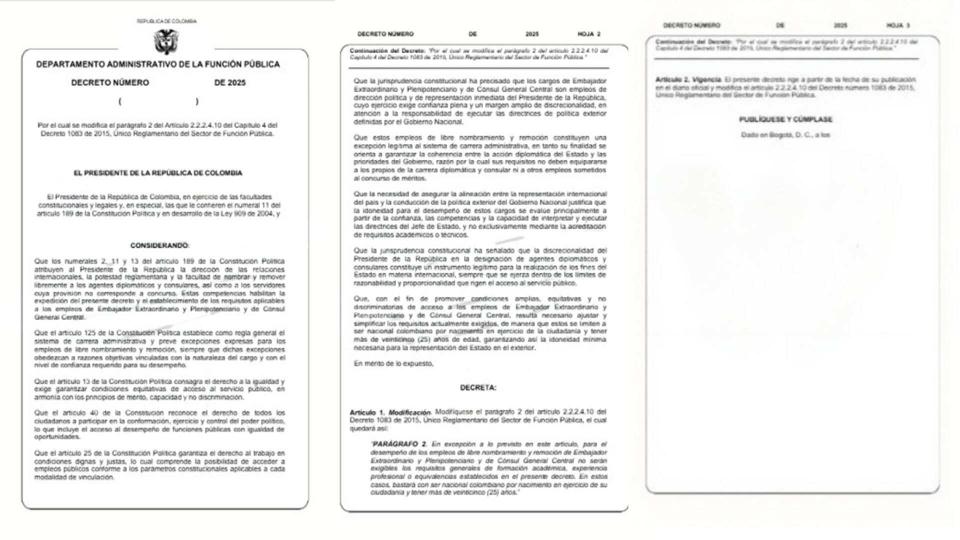 El borrador del decreto argumenta la medida en los principios constitucionales de igualdad y mérito en el empleo público - crédito Departamento Administrativo de la Función Pública