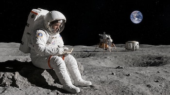 Un astronauta con traje blanco se sienta sobre la superficie lunar, escribe en un cuaderno. Al fondo se ven la Tierra y un módulo de aterrizaje.