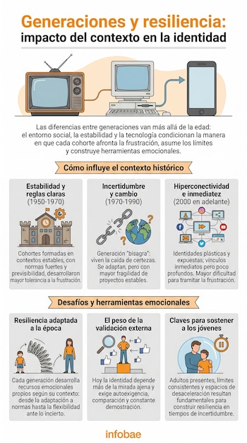 Infografía sobre generaciones y resiliencia con ilustraciones de una TV antigua, un ordenador y un smartphone, junto a gráficos que explican conceptos generacionales.