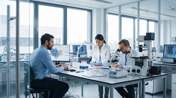 Tres personas sentadas y de pie junto a una mesa con microscopios, computadoras, tubos de ensayo y pantallas dentro de un laboratorio iluminado.