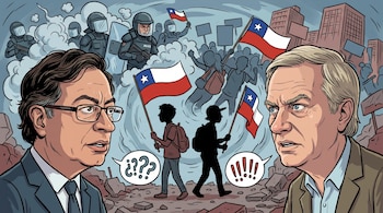 Caricatura de Gustavo Petro y José Antonio Kast mirándose, con manifestantes jóvenes chilenos con banderas y policías antidisturbios en un fondo urbano caótico.