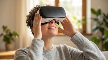 Un usuario adulto de género neutro, con cabello rizado y suéter gris, usa un visor VR blanco y negro, mirando hacia arriba con expresión de asombro y tranquilidad.