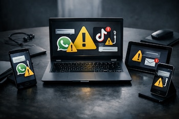 Una computadora portátil, una tableta y dos teléfonos inteligentes sobre una mesa oscura. Sus pantallas muestran símbolos de alerta, logos de WhatsApp y TikTok, un ícono de correo y un anzuelo.
