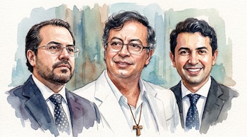 Una ilustración en acuarela reúne los retratos del abogado Alejandro Carranza, el expresidente Gustavo Petro y el político Daniel Briceño - crédito