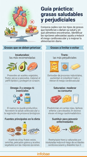 Infografía sobre grasas. Corazón, balanza con alimentos. Categorías de grasas: insaturadas, omega-3 y -6, trans, saturadas, con ilustraciones.