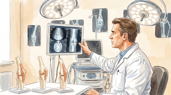 Ilustración de un médico sentado frente a un monitor con radiografías de rodillas, modelos anatómicos de rodillas en una mesa y radiografías en la pared.