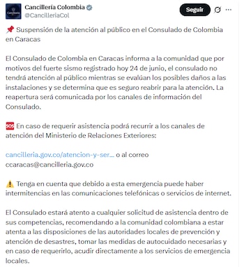 El Ministerio de Relaciones Exteriores informó que, hasta el momento, no se han recibido reportes de ciudadanos colombianos afectados o que requieran asistencia consular @CancilleriaCol/X