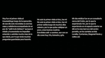 Três livros com texto branco sobre fundo preto, documentando a experiência de recuperação e viagens urbanas do músico Javier Malosetti.