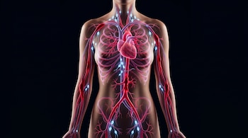 Torso femenino con superposición digital del sistema circulatorio (rojo) y linfático (azul). Vasos sanguíneos y nódulos inflamados son visibles sobre fondo oscuro.